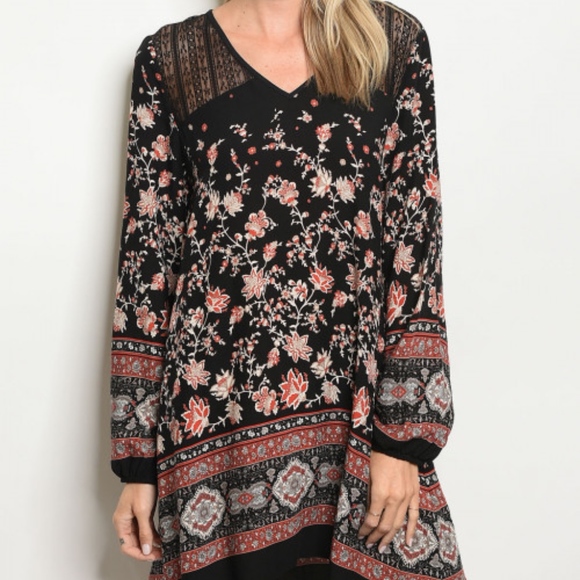 BOHO STYLE LACE & FLORAL PRINT DESIGN DRESS - Picture 2 of 6